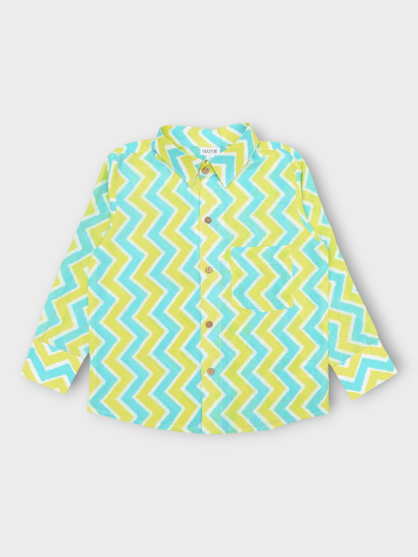 Aqua Lime Chevron Spread Collar Full Sleeves Shirt