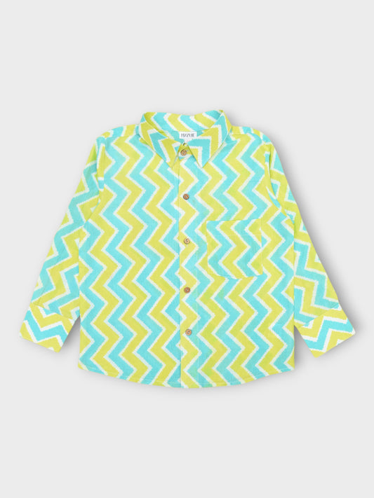 Aqua Lime Chevron Spread Collar Full Sleeves Shirt