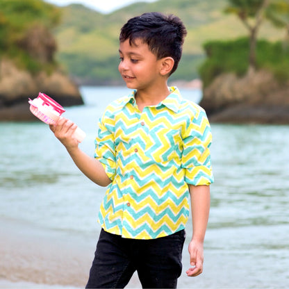 Aqua Lime Chevron Spread Collar Full Sleeves Shirt