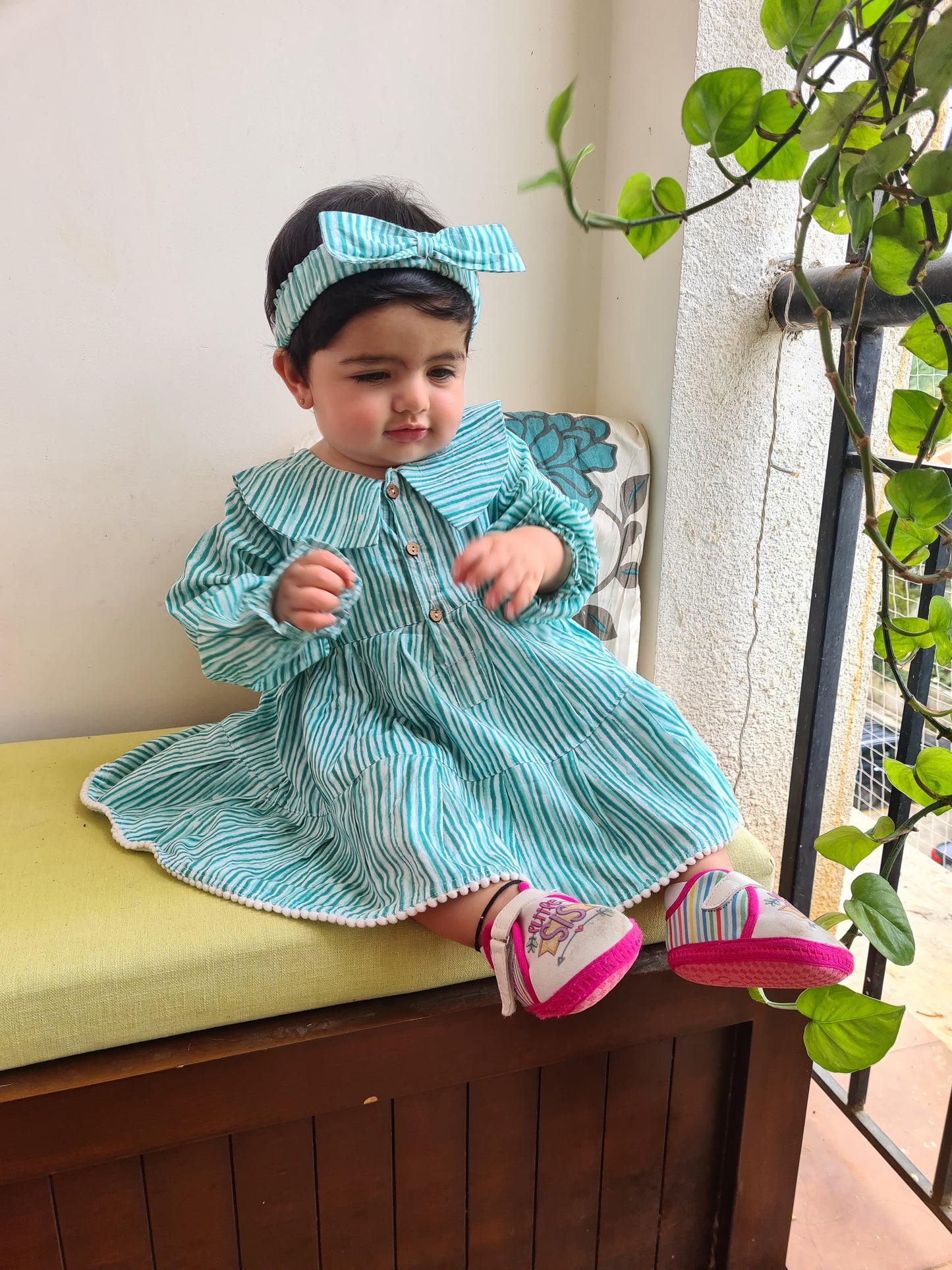 Aqua Striped Eton Collar Tiered Dress