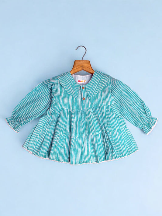 Aqua Striped Eton Collar Tiered Dress