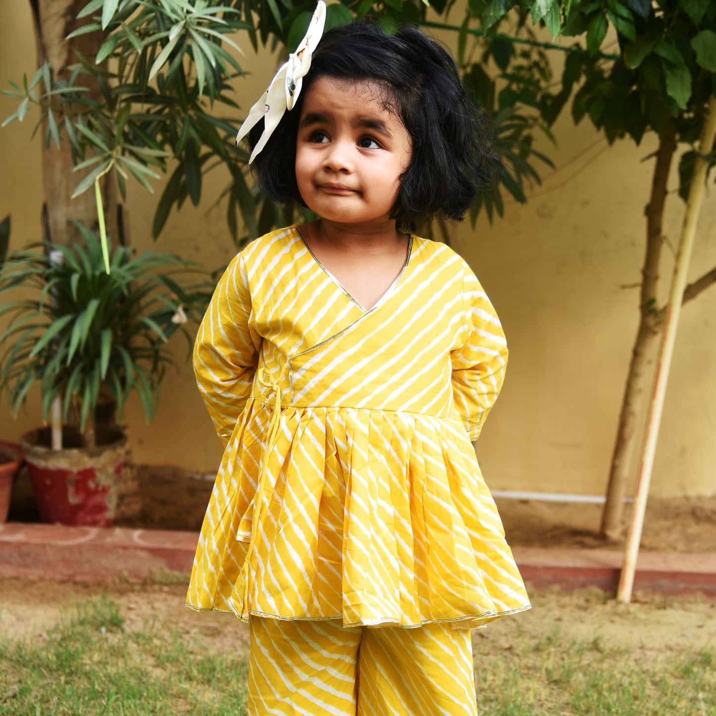 Yellow Leheriya Angrakha Kurta Culottes Set