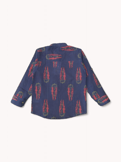 Deep Blue Salvia Full Sleeves Mandarin Collar Shirt