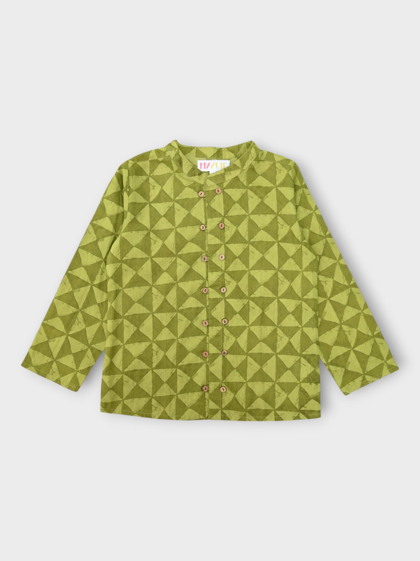 Earthy Green Double Button Full Sleeves Mandarin Collar Shirt