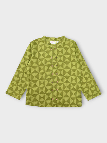 Earthy Green Double Button Full Sleeves Mandarin Collar Shirt