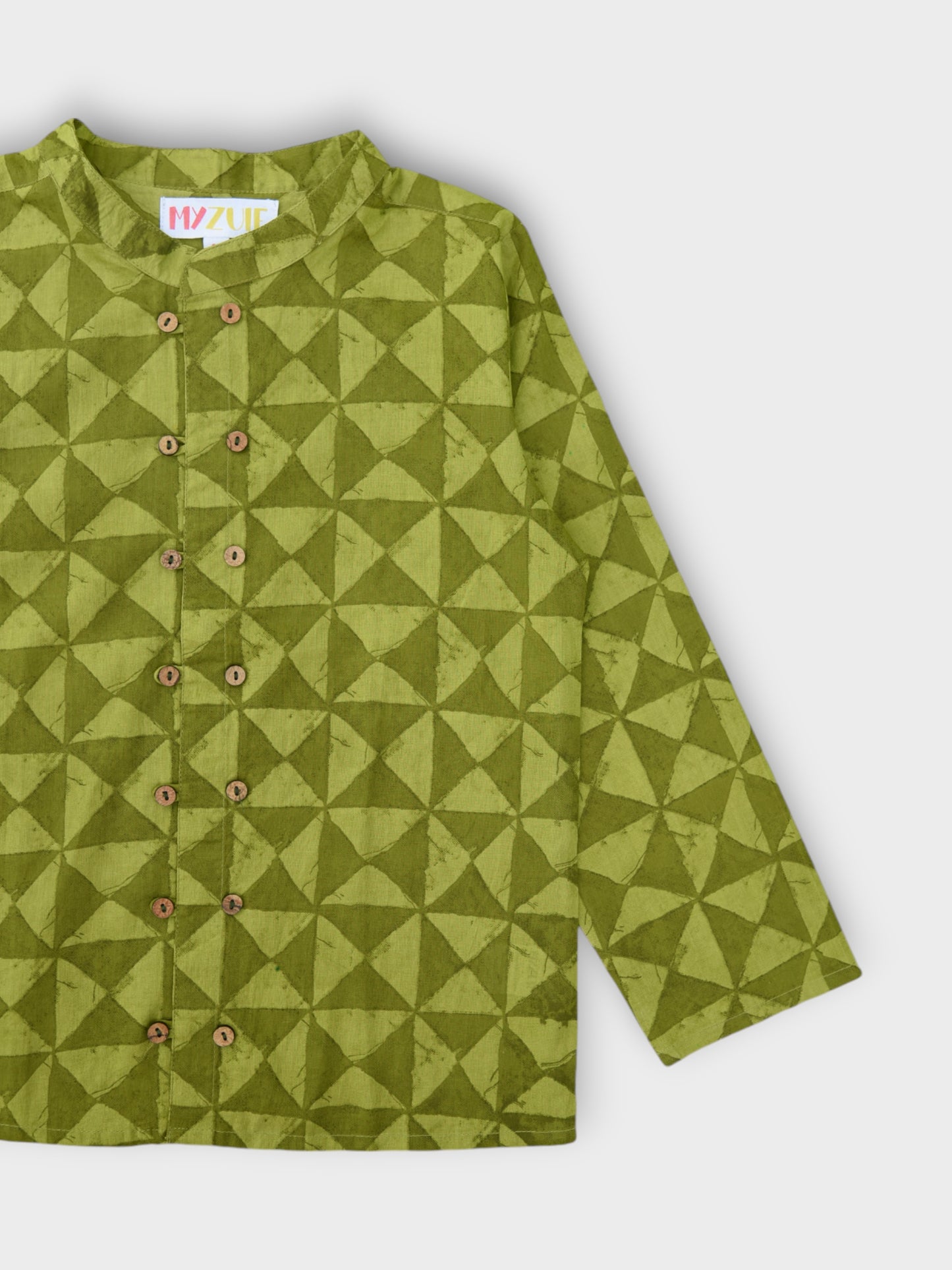 Earthy Green Double Button Full Sleeves Mandarin Collar Shirt