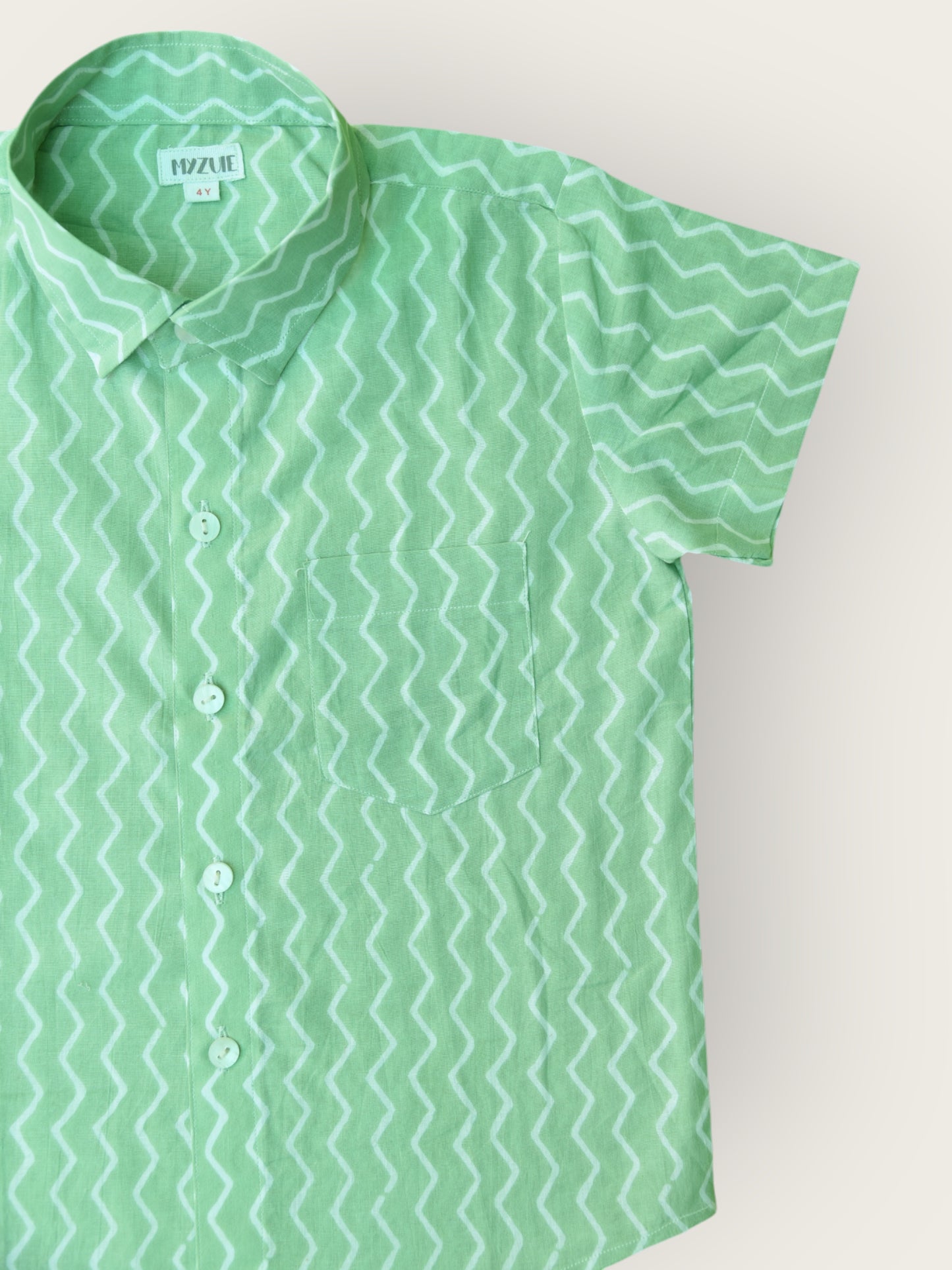 Green Chevron Half Sleeves Spread Collar Shirt