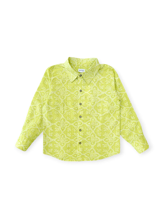 Lime Floral Full Sleeves Spread Collar Shirt