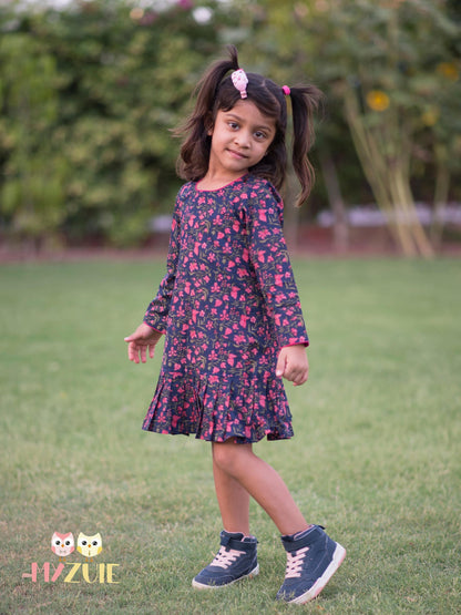 Navy Blue Floral Knife Pleated Dress