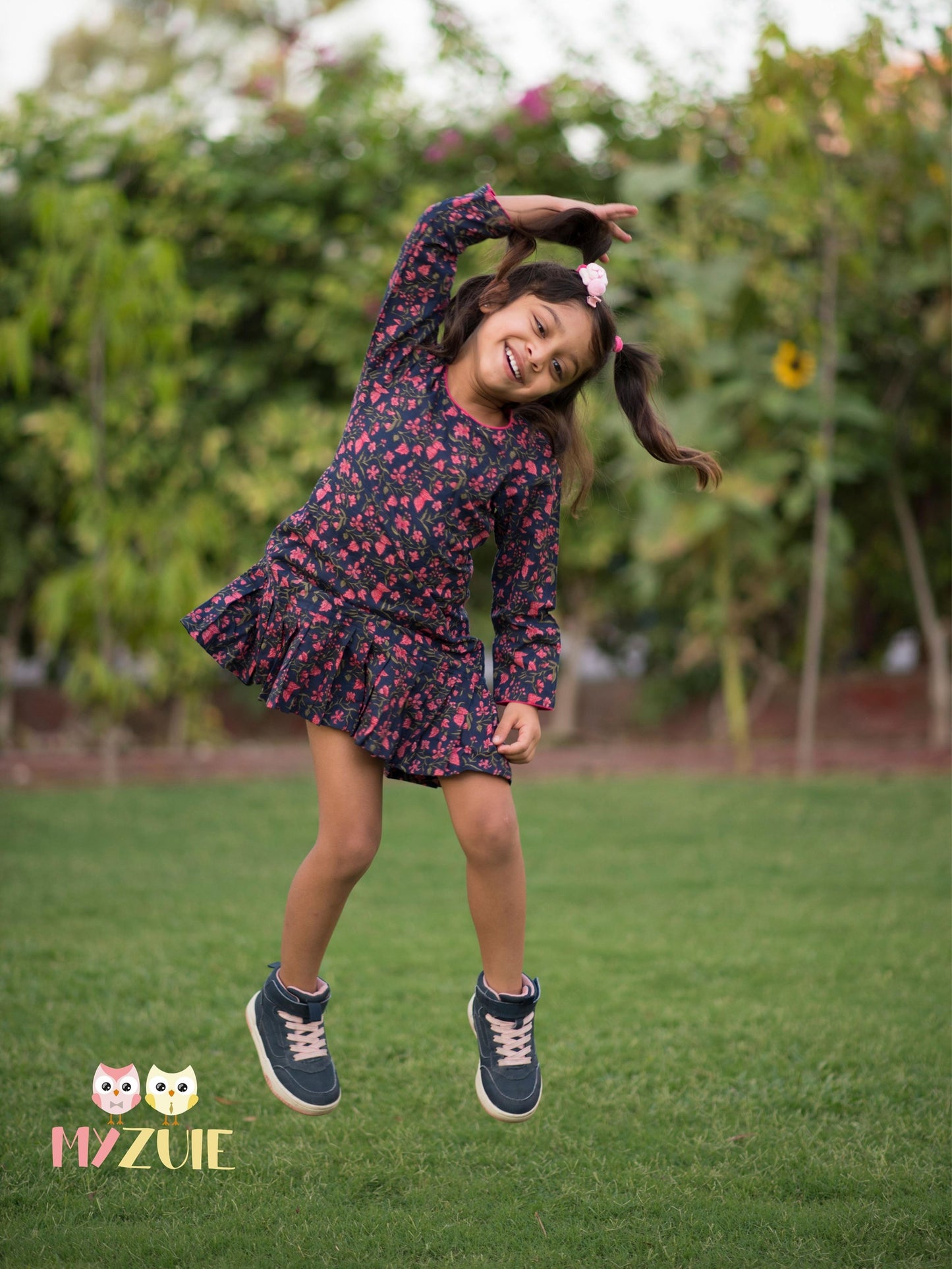 Navy Blue Floral Knife Pleated Dress