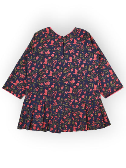 Navy Blue Floral Knife Pleated Dress