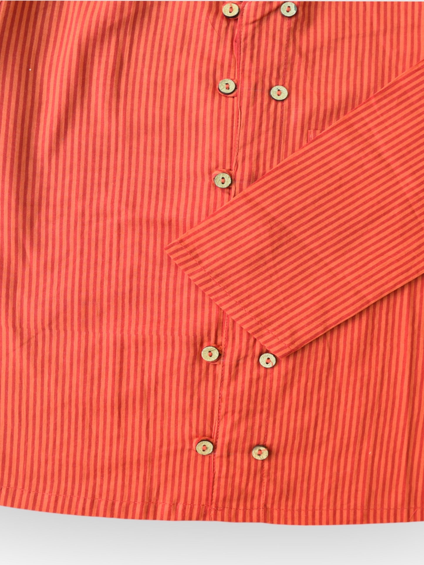 Red Striped Full Sleeves Mandarin Collar Double Button Shirt