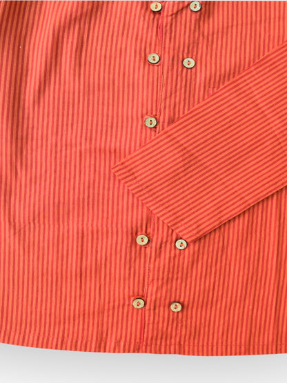 Red Striped Full Sleeves Mandarin Collar Double Button Shirt