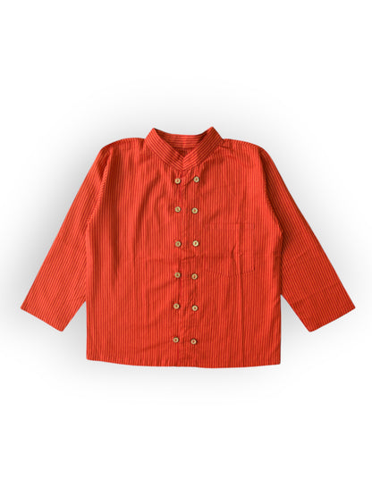 Red Striped Full Sleeves Mandarin Collar Double Button Shirt