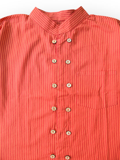 Red Striped Full Sleeves Mandarin Collar Double Button Shirt