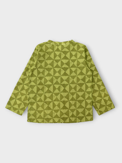 Earthy Green Double Button Full Sleeves Mandarin Collar Shirt