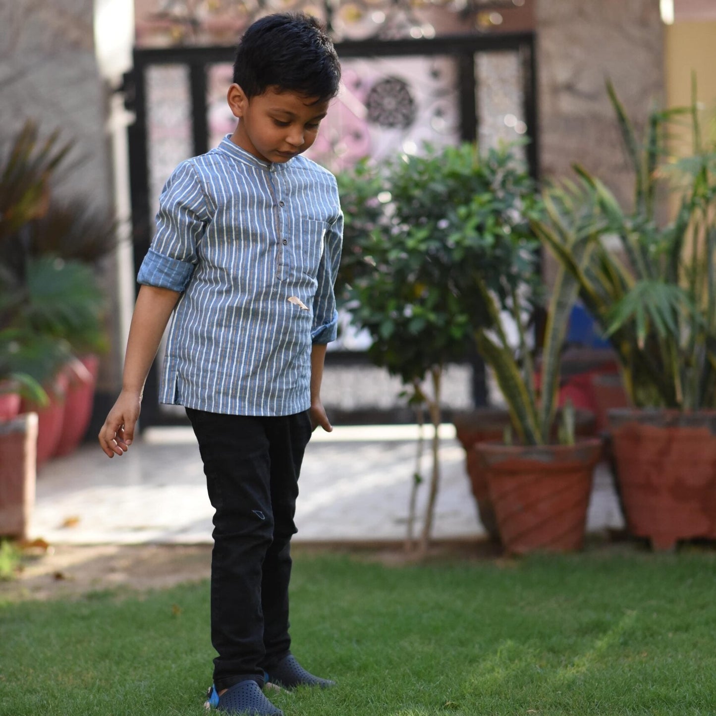 Blue Gold Striped Short Kurta