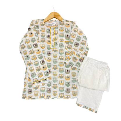 Green Beige Owl Unisex Night Set