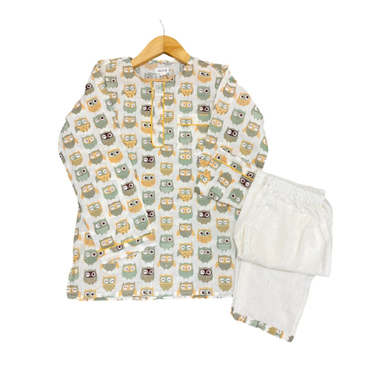 Green Beige Owl Unisex Night Set